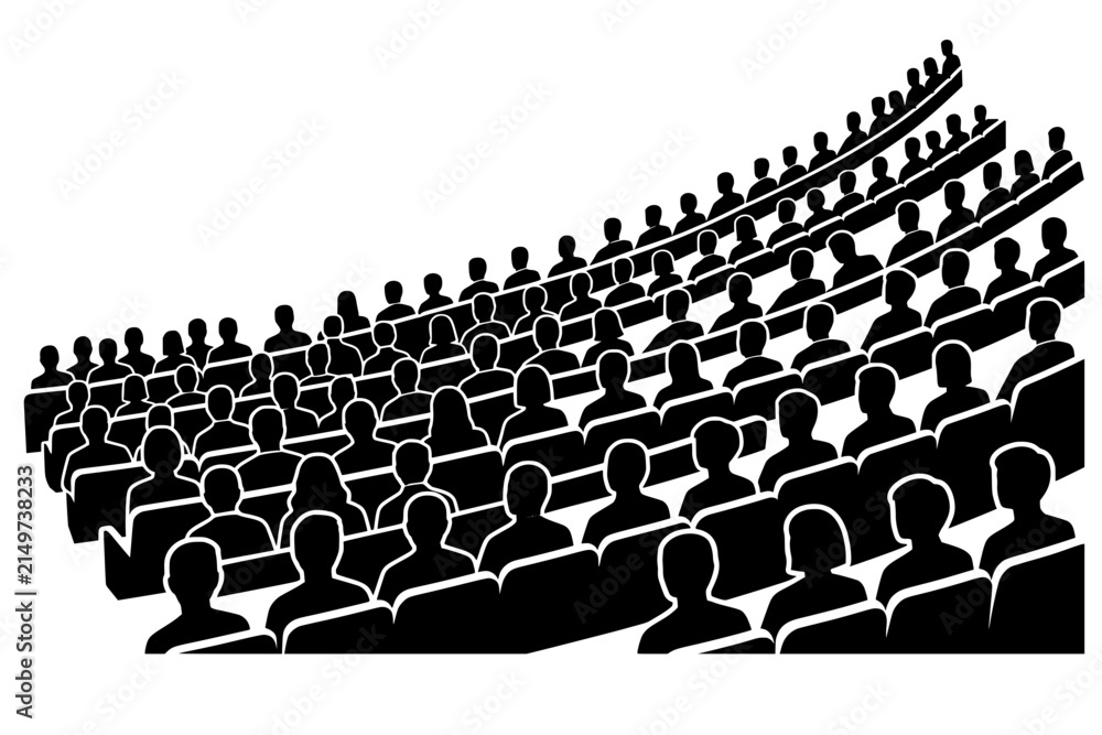 Fototapeta premium Black silhouette of large crowd seated in curved amphitheater. Bold vector artwork symbolizing education, theater, and collective gathering in a structured setting.