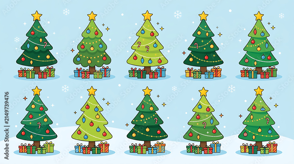 Obraz premium Colorful cartoon christmas trees with lights