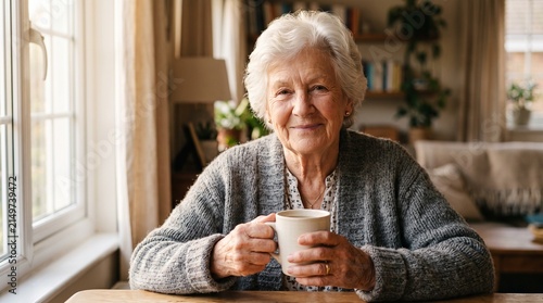 Commercial lifestyle portrait of an elderly senior woman with short white hair wrapped in a patterned shawl, stirring hot tea with a spoon next to a window – senior care, cozy home environment, retire