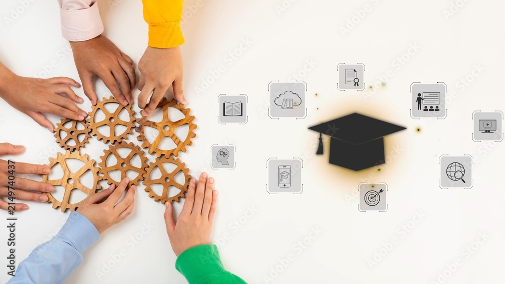 Obraz premium A vibrant scene showcasing diverse hands working together on wooden gears, symbolizing collaboration and learning, complemented by icons representing education and growth. Raster