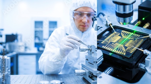 Microship semiconductor cleanroom engineer inspect circuit board with microscope in sterile laboratory