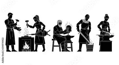 Картината върху платно Five black silhouettes showing people performing various blacksmithing tasks in