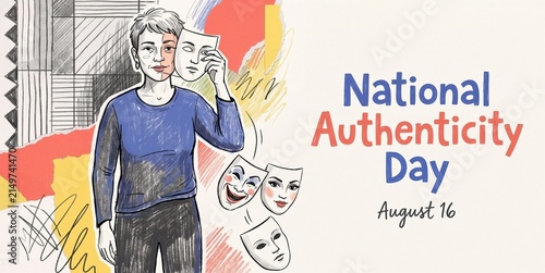 Symbolic illustration of a person removing social masks for National Authenticity Day on August 16, representing true identity, self-expression and individuality