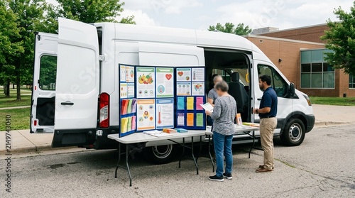 Mobile health van's fold-out education display with pamphlets and charts