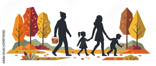 Family Walking in Autumn Park Silhouette Vector Illustration