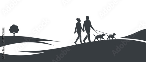 Couple Walking Two Dogs in Park Silhouette
