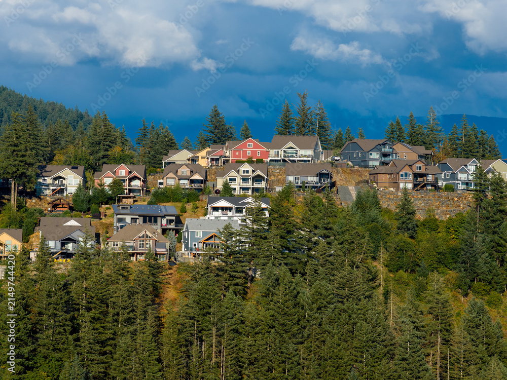 Fototapeta premium Colorful Hilltop Homes Overlooking Forested Valley With Dramatic Clouds in Harrison Mills, British Columbia, Canada