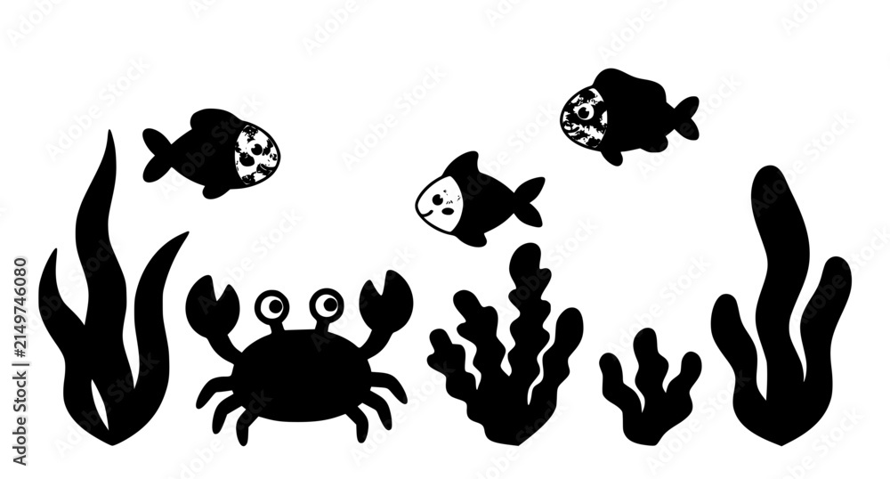 Obraz premium Cute Sea Animal Character Collection with Crab Fish and Seaweed Vector Set