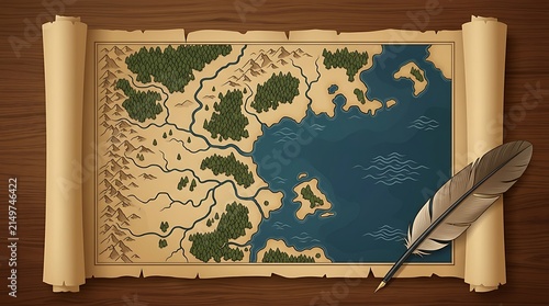 Unrolled parchment map scroll on a wooden table