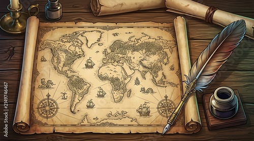 Ornate vintage world map scroll with ships and sea monsters