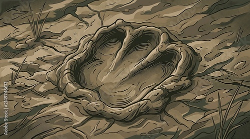 Large prehistoric footprint in dry cracked ground
