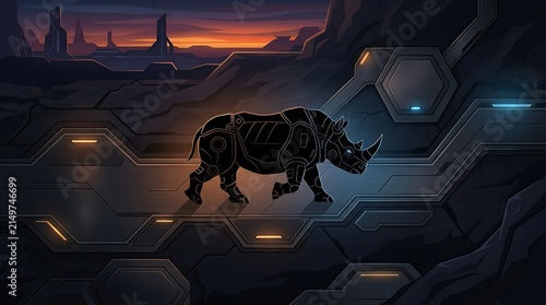 Cybernetic rhinoceros in a futuristic industrial setting
