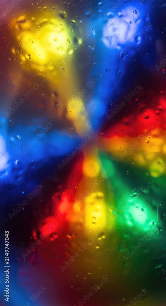 Fototapeta premium Abstract Colorful Light Reflections Through Glass Surface with Raindrops.
