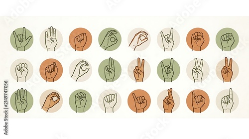 Sign language hand gesture icons in muted circular frames