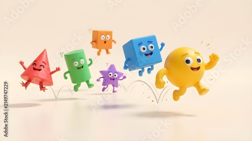 Title: Colorful 3D Cartoon Characters Jumping on Light Background
