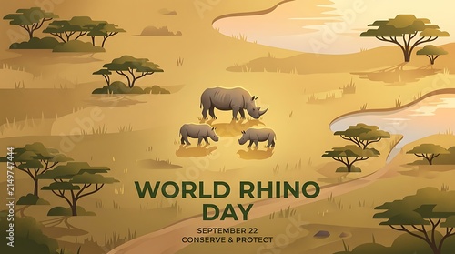 Minimalist flat illustration of rhinos in a savanna landscape