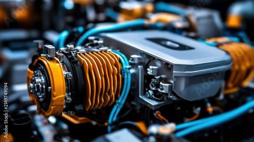 Detailed view of innovative electric vehicle engine showcasing visible electric motor parts and advanced technology