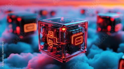Floating transparent cube city above an ocean of clouds with a glowing effect in gigapixel resolution