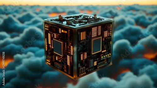 A futuristic transparent cube city suspended over a shimmering sea of luminous clouds in an enchanting dreamlike setting