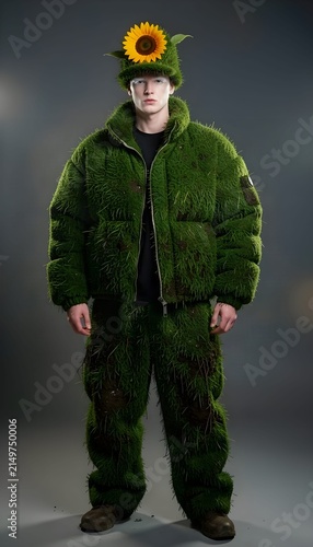 A surreal male model wearing a bulky green moss-textured camouflage jacket and trousers with a sunflower on his cap, combining military-inspired clothing, botanical textures, nature fashion.