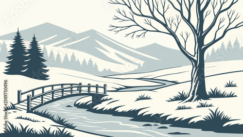Winter landscape illustration with wooden footbridge and bare tree, landscape