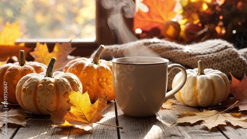 Cozy Autumn Still Life with Steaming Hot Coffee Mug Orange Pumpkins Knitted Sweater and Golden Maple Leaves on Wooden Table by Window Background