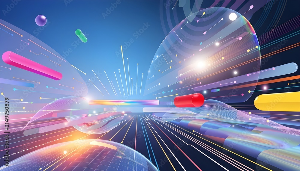 Fototapeta premium Abstract futuristic digital transformation background with colorful floating geometric shapes, light effects and speed lines