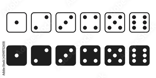 Foto Dice face icon set from one to six in outline and solid black vector style for g
