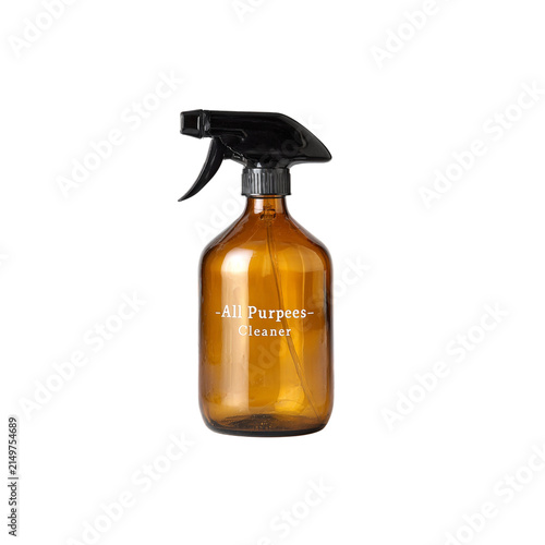 All Purpose Cleaner, Amber Glass Spray Bottle, Eco Friendly Household Product, Natural Cleaning Label, Brown Plastic Trigger, Isolated on White Background with Copy Space