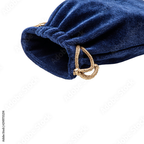 Blue velvet drawstring pouch, luxurious gift bag, gold rope cord, jewelry packaging container, close up detail, isolated on white background