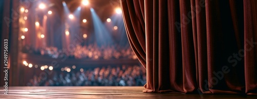 Stage curtain opening to audience with bright lights in theater  