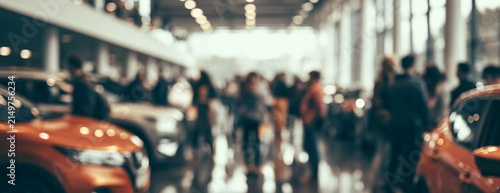 Blurred crowd of people exploring cars inside a dealership  