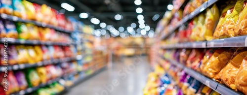Blurred view of colorful snack shelves in a supermarket aisle  