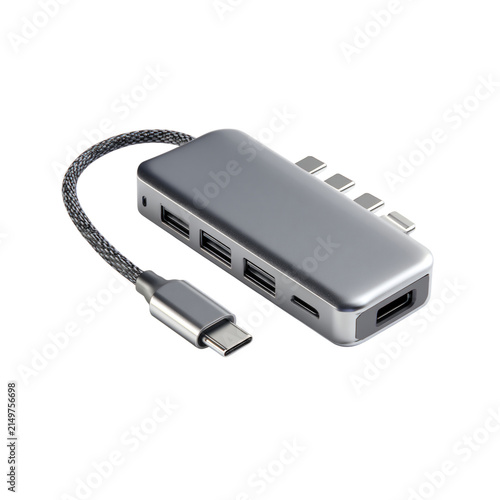Modern USB-C hub with multiple ports, silver aluminum docking station for laptop, portable multi-port adapter with braided cable