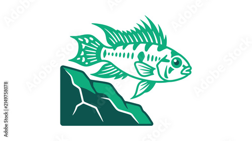 Green fish swimming near underwater rocks vector illustration