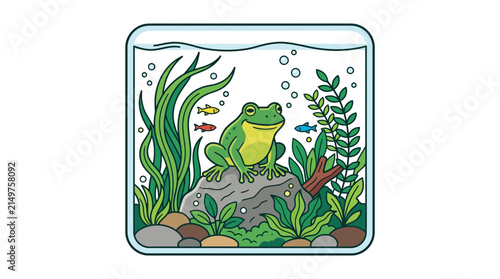 Green frog in square glass terrarium with plants.