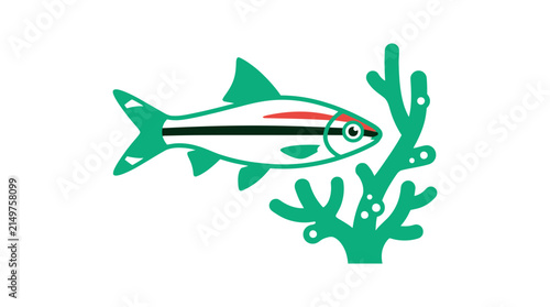 Green fish swimming next to coral plant
