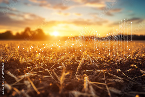 Golden wheat field glowing at sunset with dramatic lens flare and beautiful agricultural landscape.