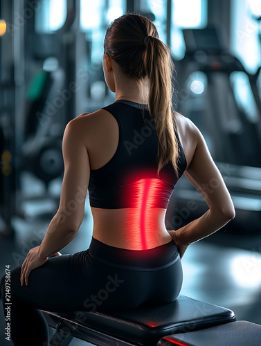 Woman experiencing lower back pain after workout at a modern gym illustrating fitness injury and discomfort.
