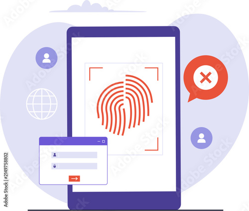 Fingerprint Mismatch Alert Mobile Biometric Verification. A flat illustration showing a fingerprint mismatch alert on a mobile screen. Perfect for biometric security UI, login error screens