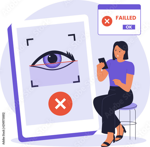 Woman Facing Iris Scan Authentication Error Alert State. A flat illustration showing an iris scan authentication error alert. Great for biometric technology, security UI/UX, and app error screens.