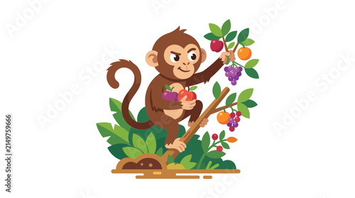 Canvas Print Cute Monkey Picking Fruit from a Tree