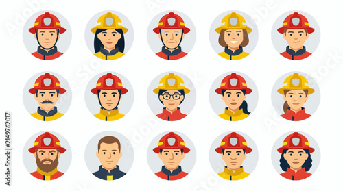 Group of brave firefighters and rescue team personnel avatars in round flat icons