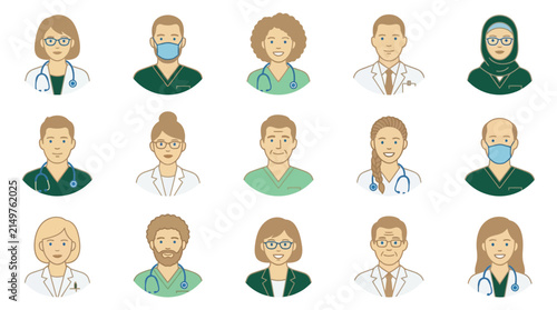 Medical professional staff and healthcare team avatars set in flat vector illustration