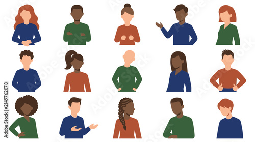 Set of diverse people avatars in various poses and gestures flat style illustration