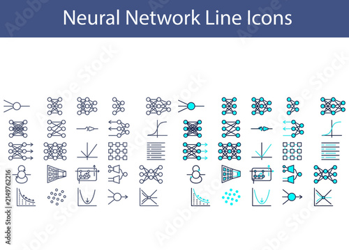 Neural network and artificial intelligence line icons for machine learning and technology