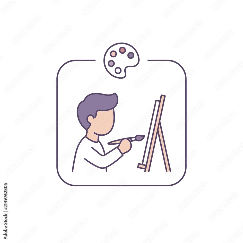 Fototapeta premium Young boy artist painting on canvas with palette.
