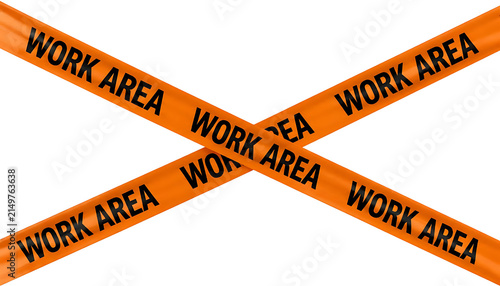 Crossed orange caution tape strips with repeated black work area warning text with isolated clean white background two intersecting orange warning tapes
