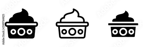 Ice cream cup icon set vector illustration. Sweet frozen yogurt bowl, cream dessert outline, line art, and solid silhouette symbol set for menu, cafe, app, web UI design. Vector Illustration.