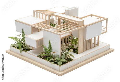 Detailed modern architectural model house with clean white panels, natural wood isolated transparent background image